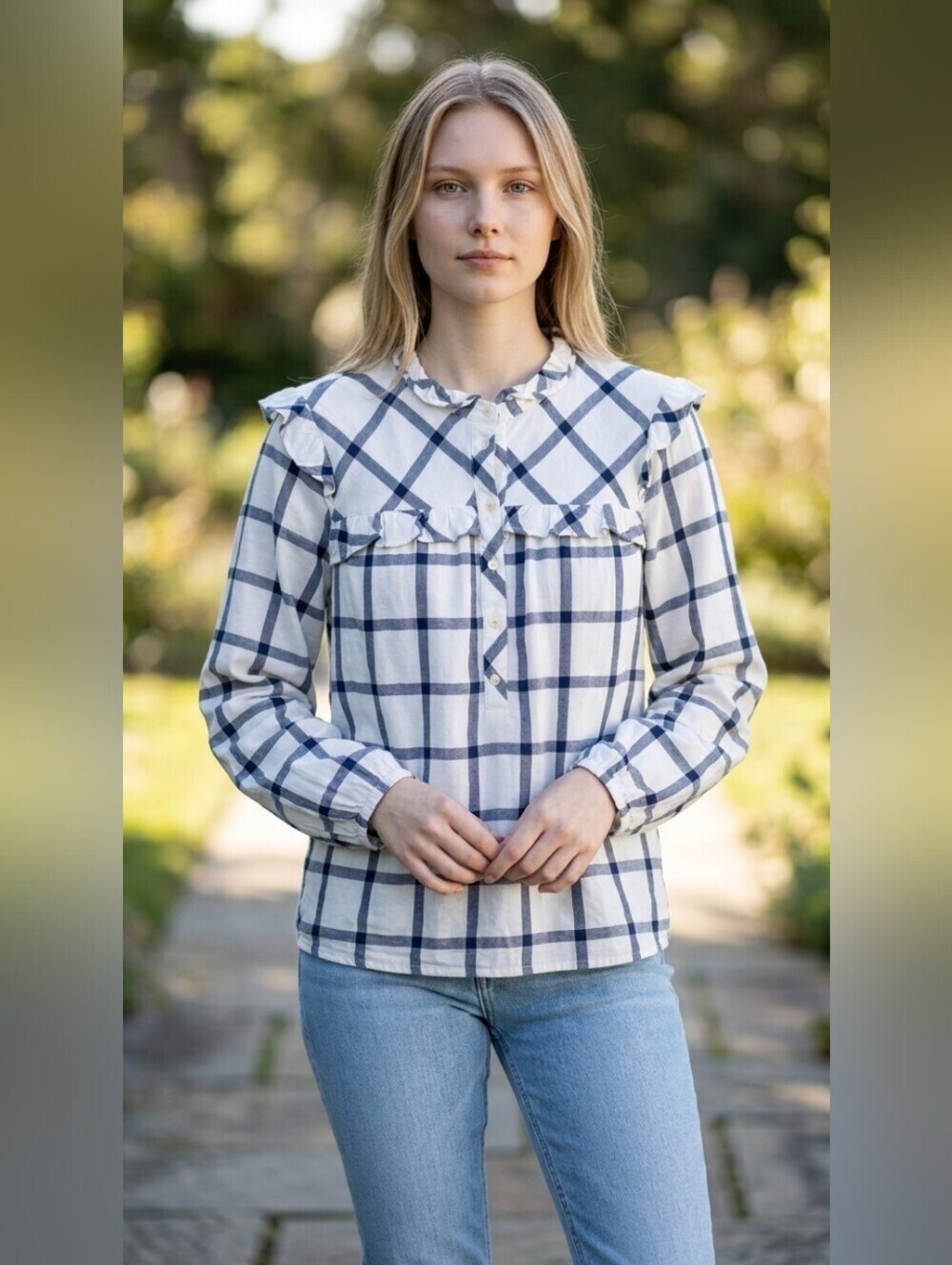 J. Crew White and Navy Plaid Ruffle-Yoke Button Front Blouse